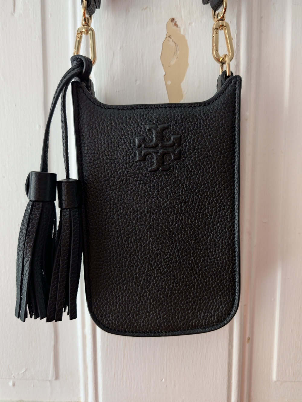 Tory Burch Black Pebbled Leather Tassel Crossbody Pouch with Gold Hardware